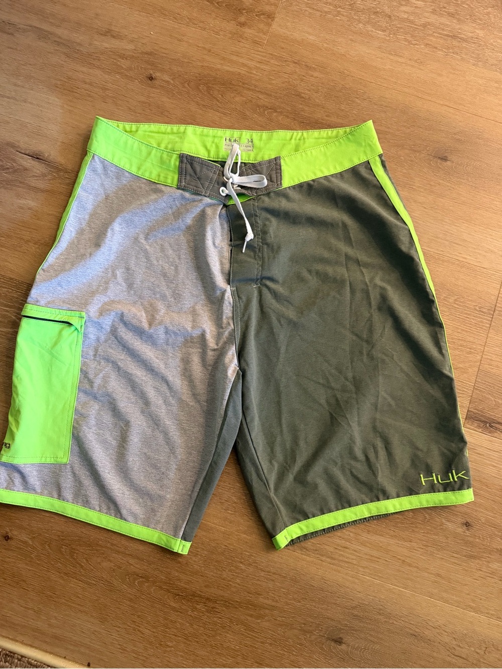 Huk Olive Green & Neon Lime Two-Tone Men's Board Shorts